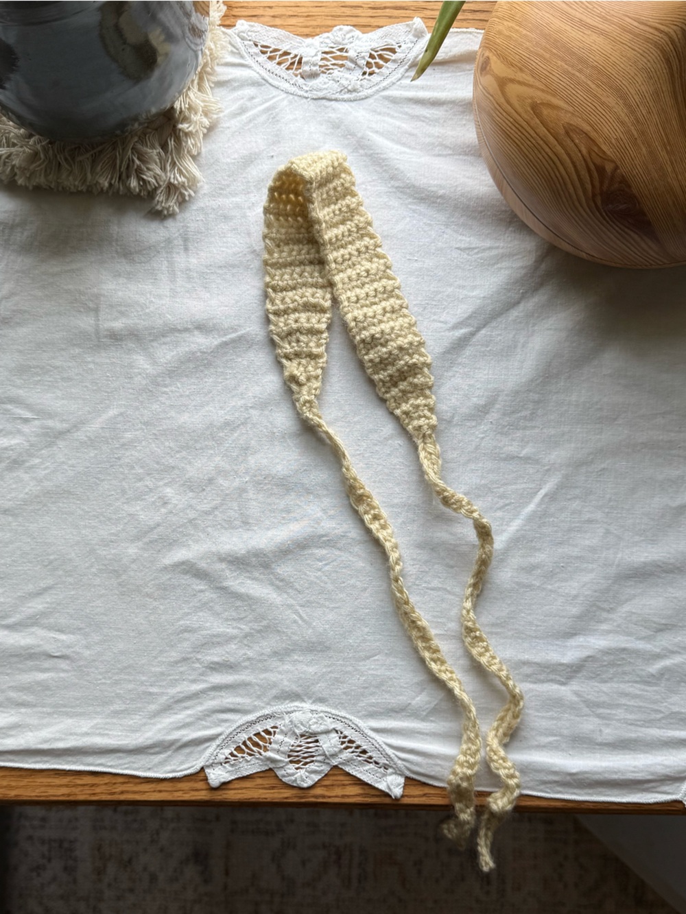 Handmade Cream Crochet Headband with Ties